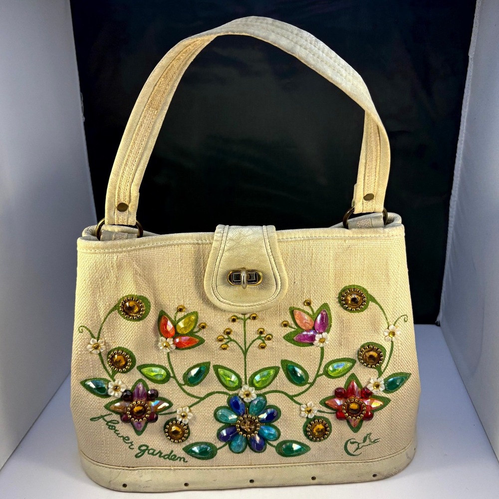 Vintage‎ Enid Collins Flower Garden Jeweled Canvas Leather Handbag Horse Logo